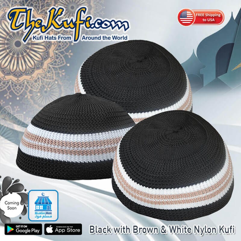Black with Brown & White Nylon Kufi
