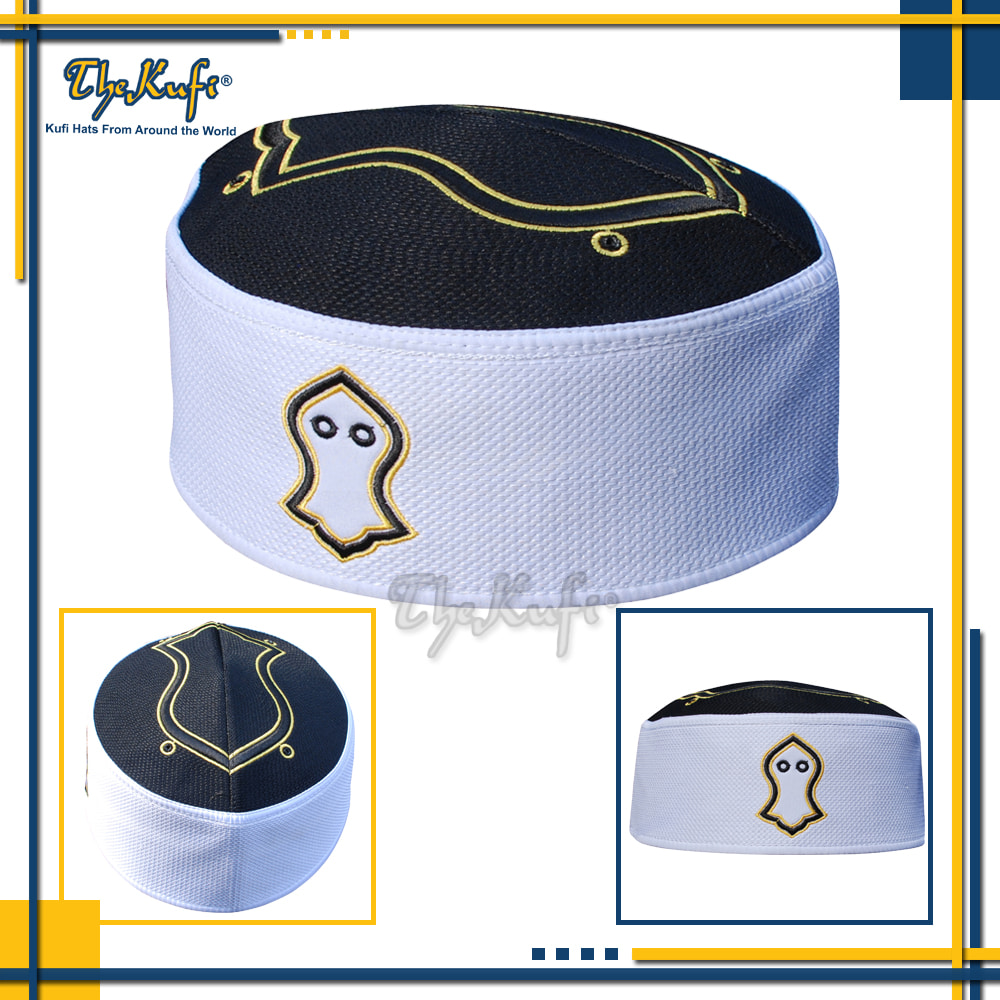 Rigid Black White Golden Embroidered Sandal Kufi Crown Cap