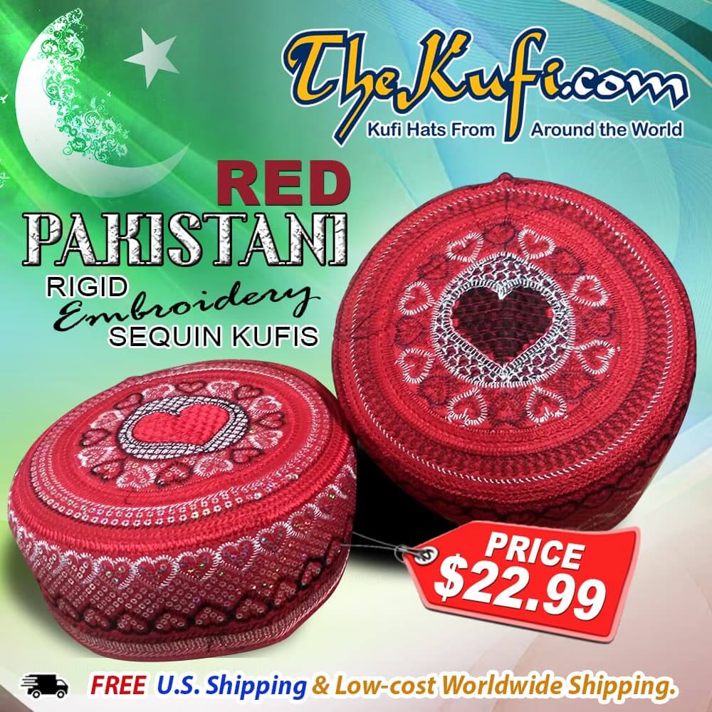 Red Pakistani rigid embroidery sequin kufis