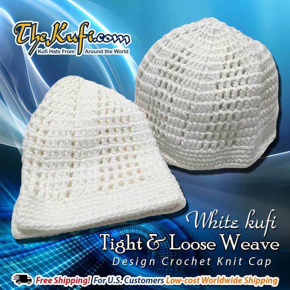 White Cotton Tight & Loose Weave Design Crochet Knit Kufi Hat